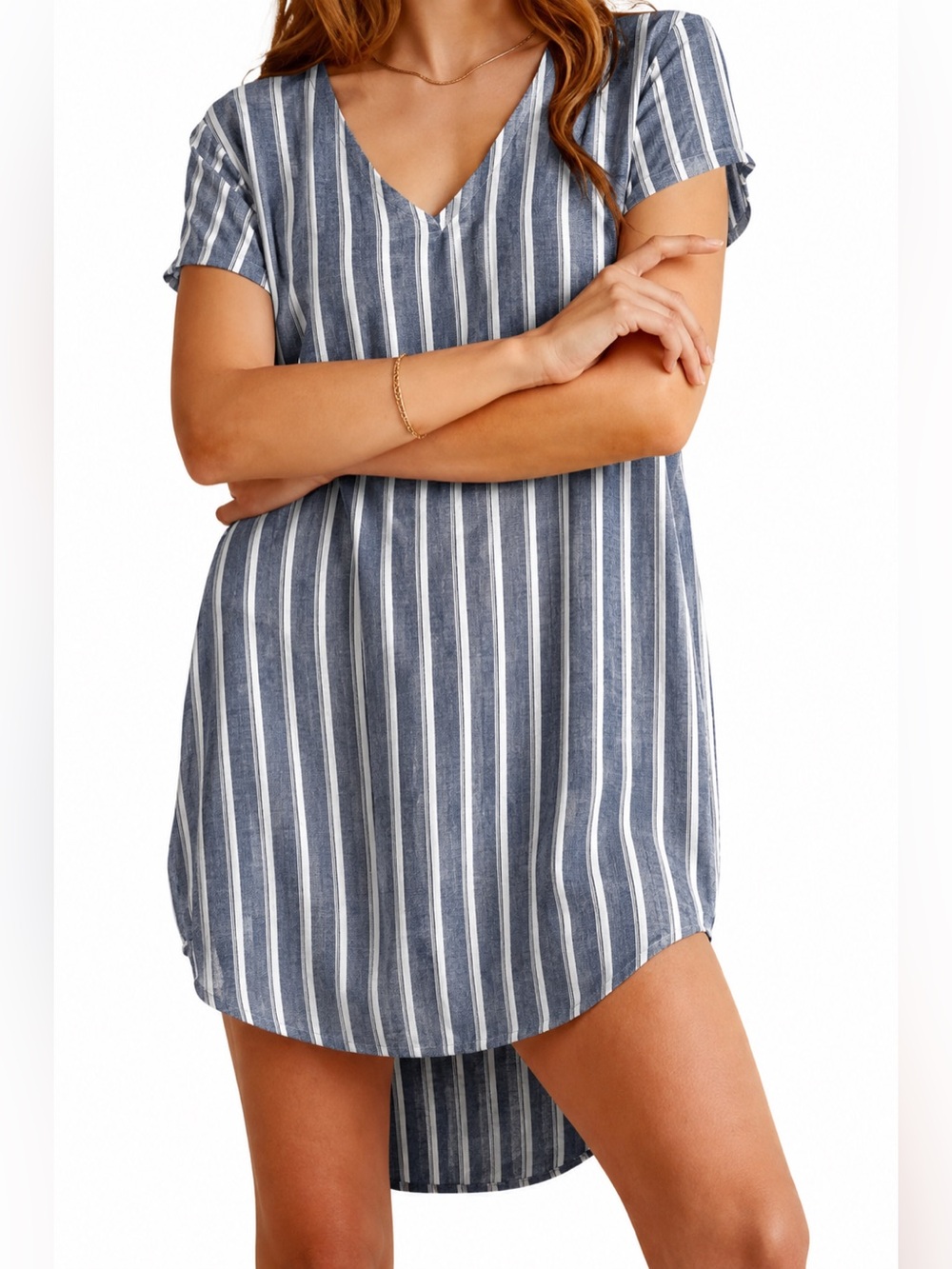 Anthropologie Cloth & Stone Crispin Linen Blend Mini Tunic Stripe Dress XS Blue